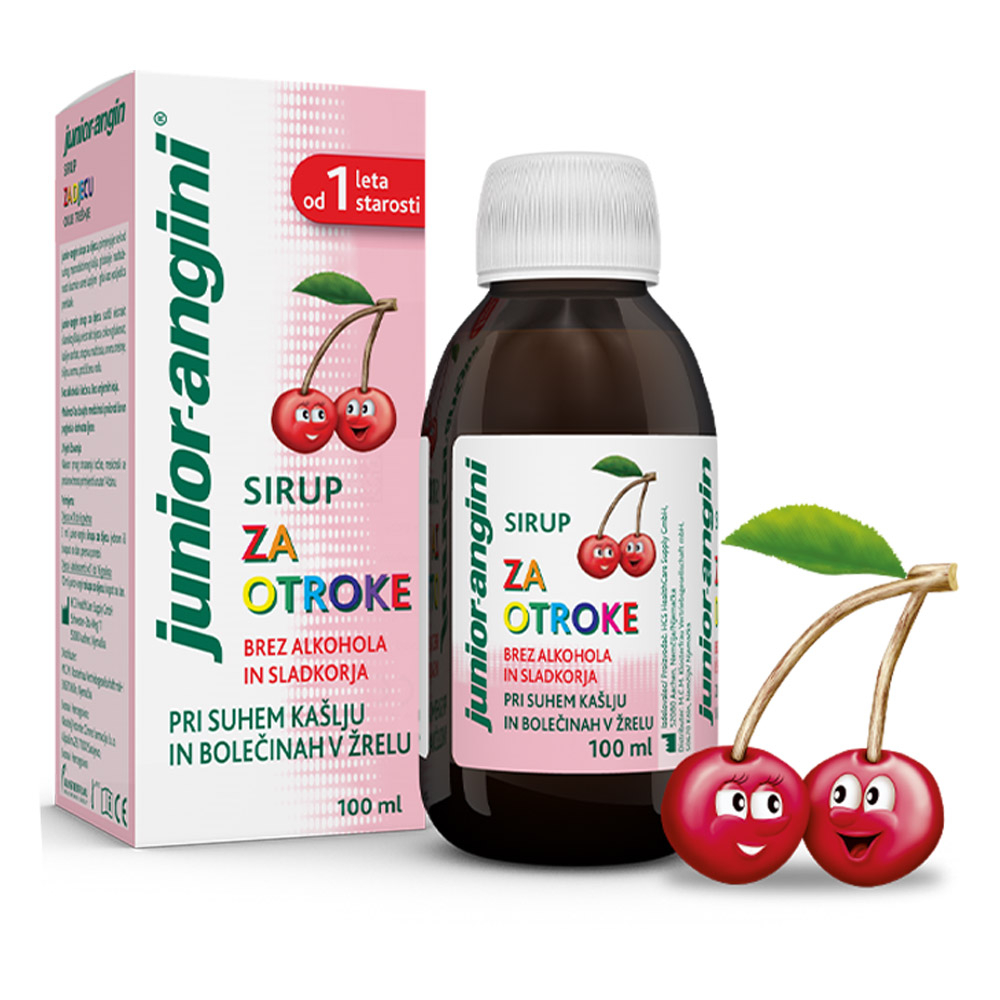 junior-angini, sirup za boleče grlo in dražeč kašelj za otroke z okusom češnje (100 ml)