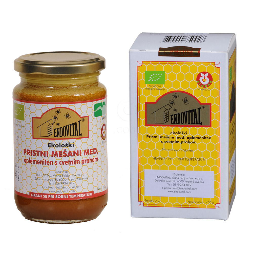 Endovital ekološki med oplemeniten s cvetnim prahom (450 g)
