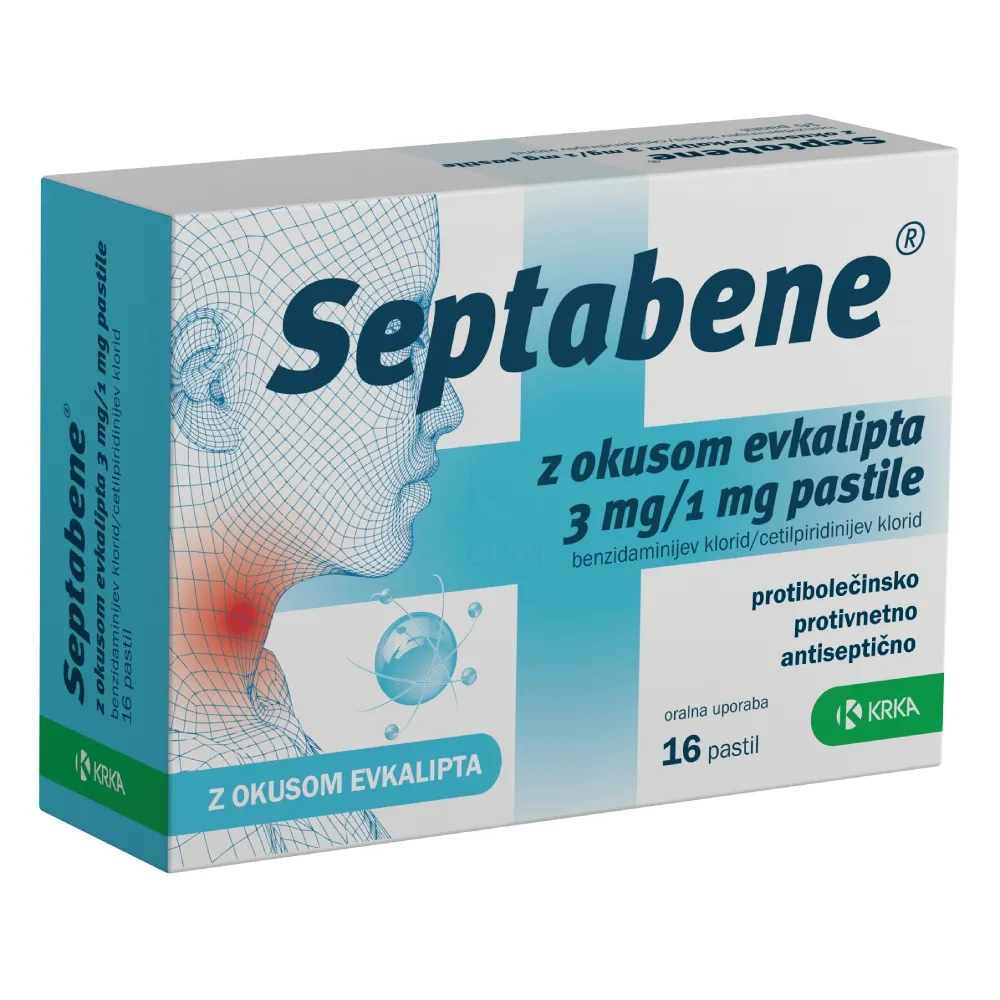 Septabene 3 mg/1 mg Krka, pastile z okusom evkalipta (16 pastil)