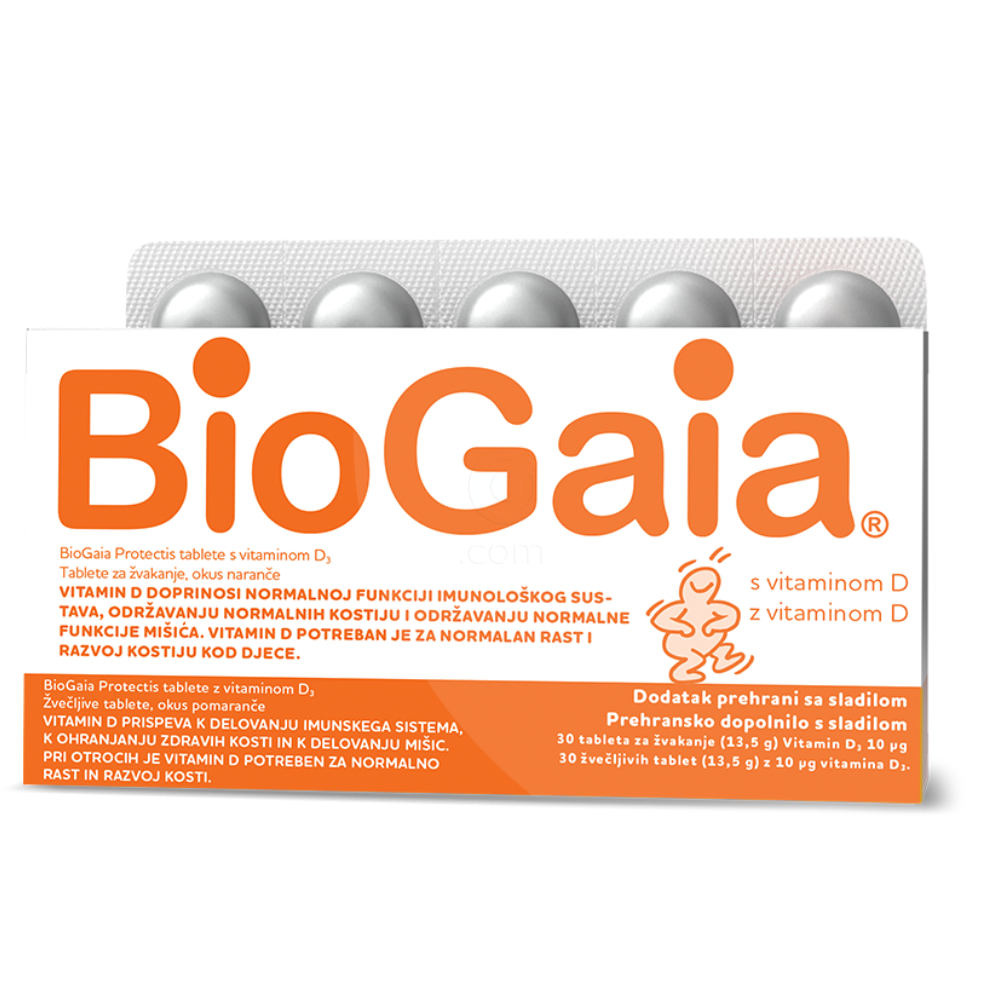BioGaia Protectis D3 400 I.E., žvečljive tablete z okusom pomaranče (30 tablet)