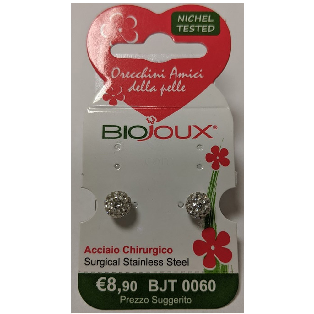 Biojoux, uhani iz kirurškega jekla - kroglica z belimi kristali - BJT0060 (2 uhana)