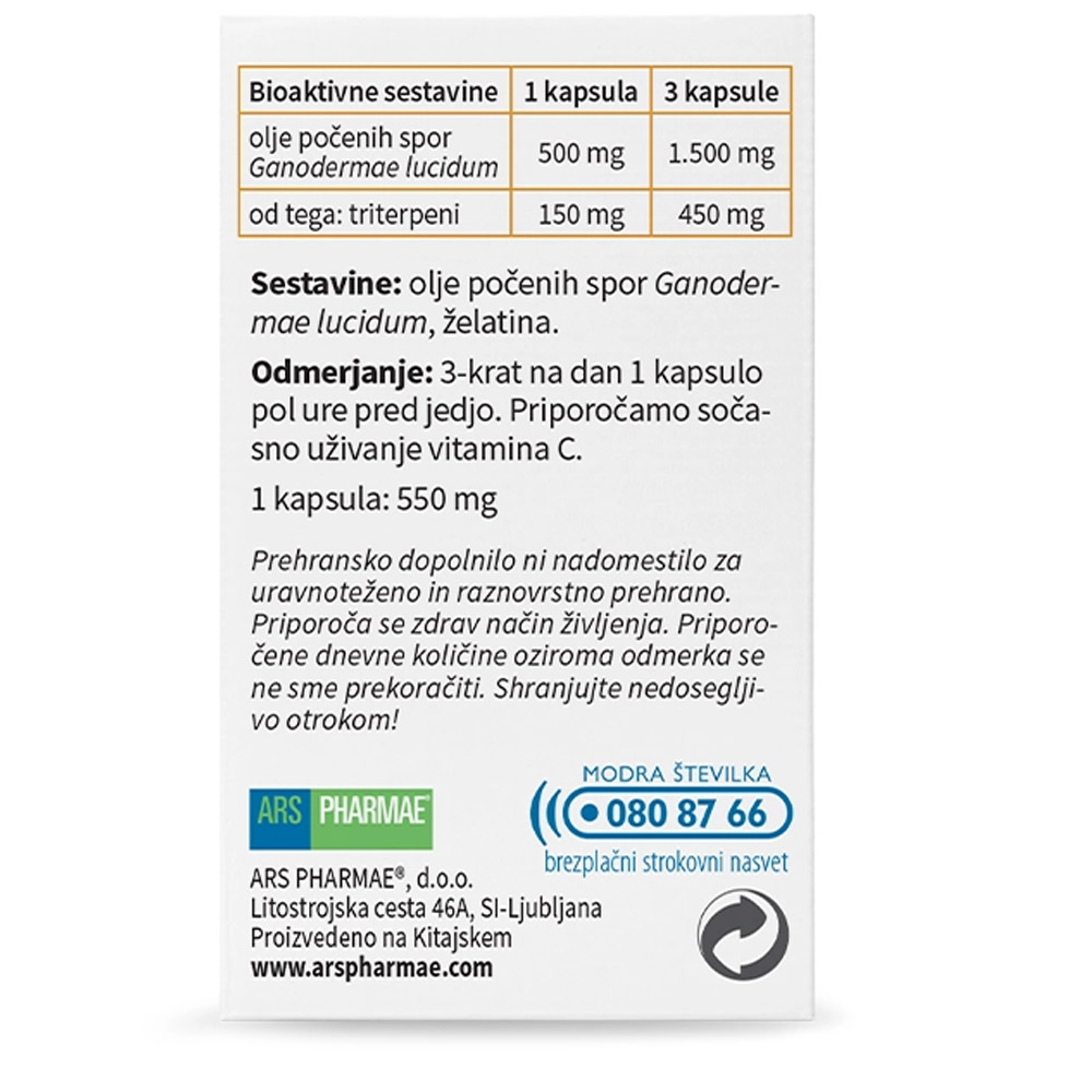 Ganoderma 500 Dvojna Moč Ars Pharmae, kapsule (30 kapsul)