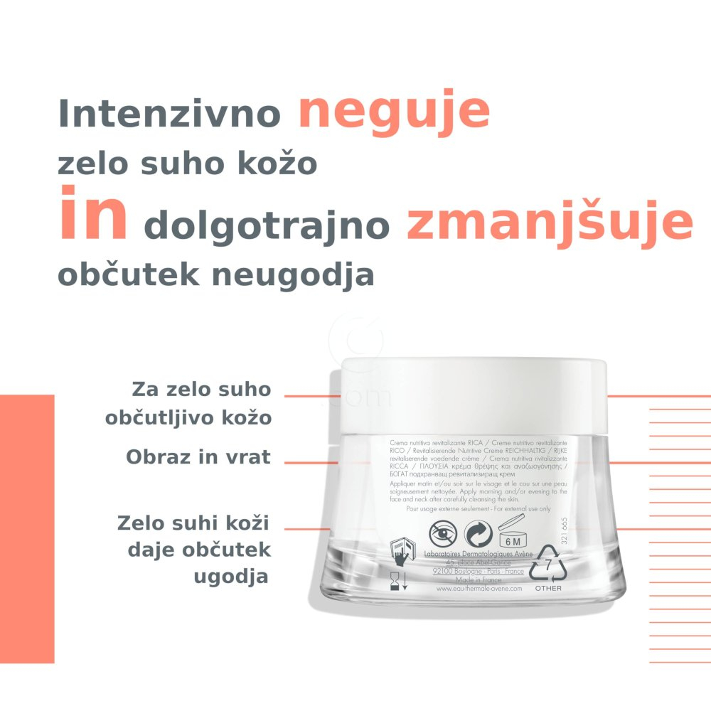 Avene, bogata hranilna revitalizacijska krema za občutljivo in zelo suho kožo (50 ml)