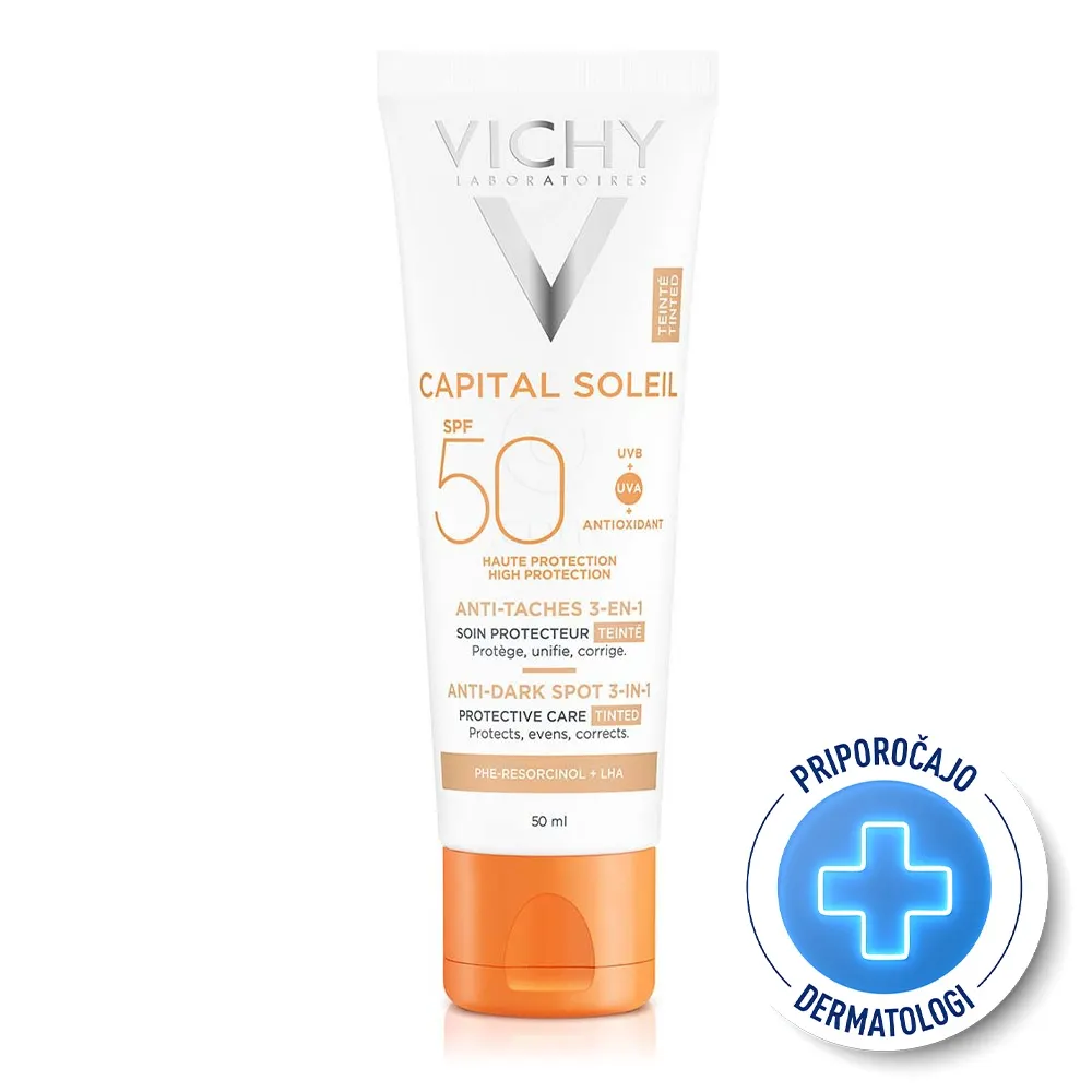 Vichy Capital Soleil, obarvana zaščitna krema za obraz 3v1 - ZF50 (50 ml)