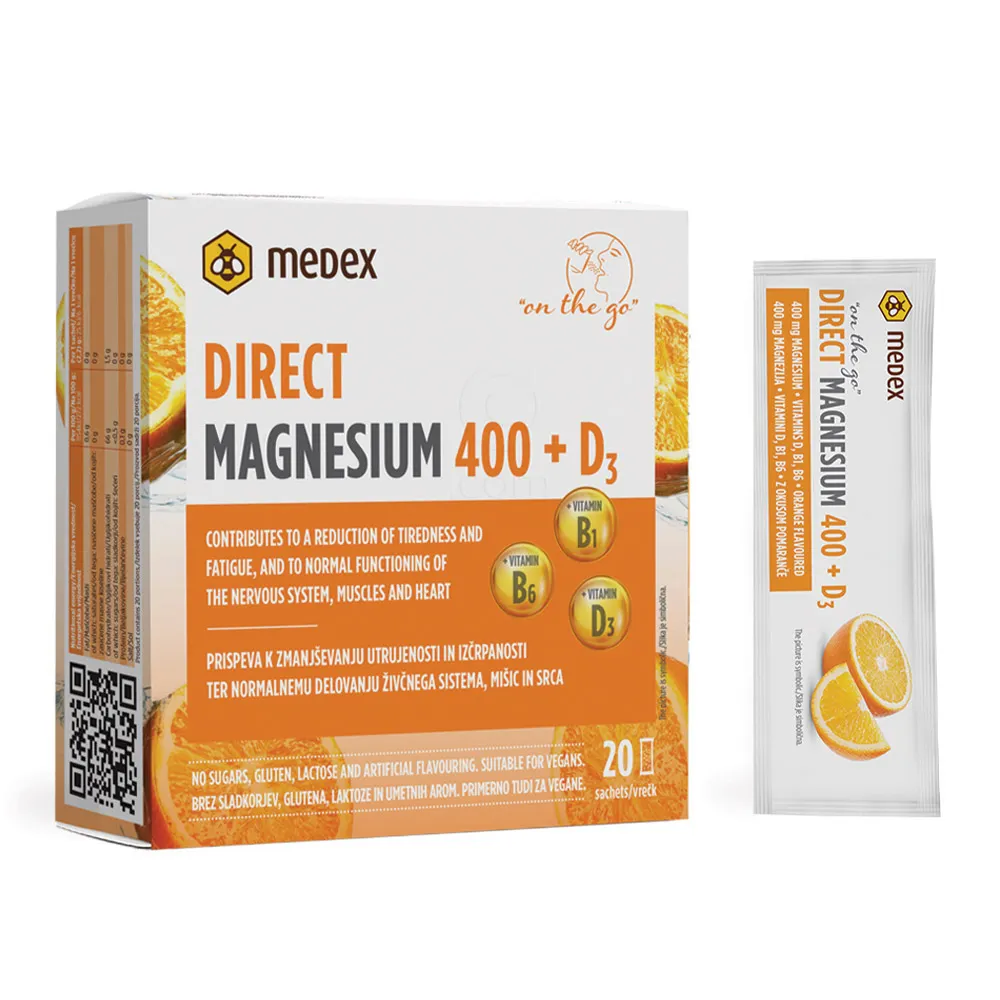 Medex Magnezij Direct 400 + D3, prašek v vrečkah (20 x 2,2 g)