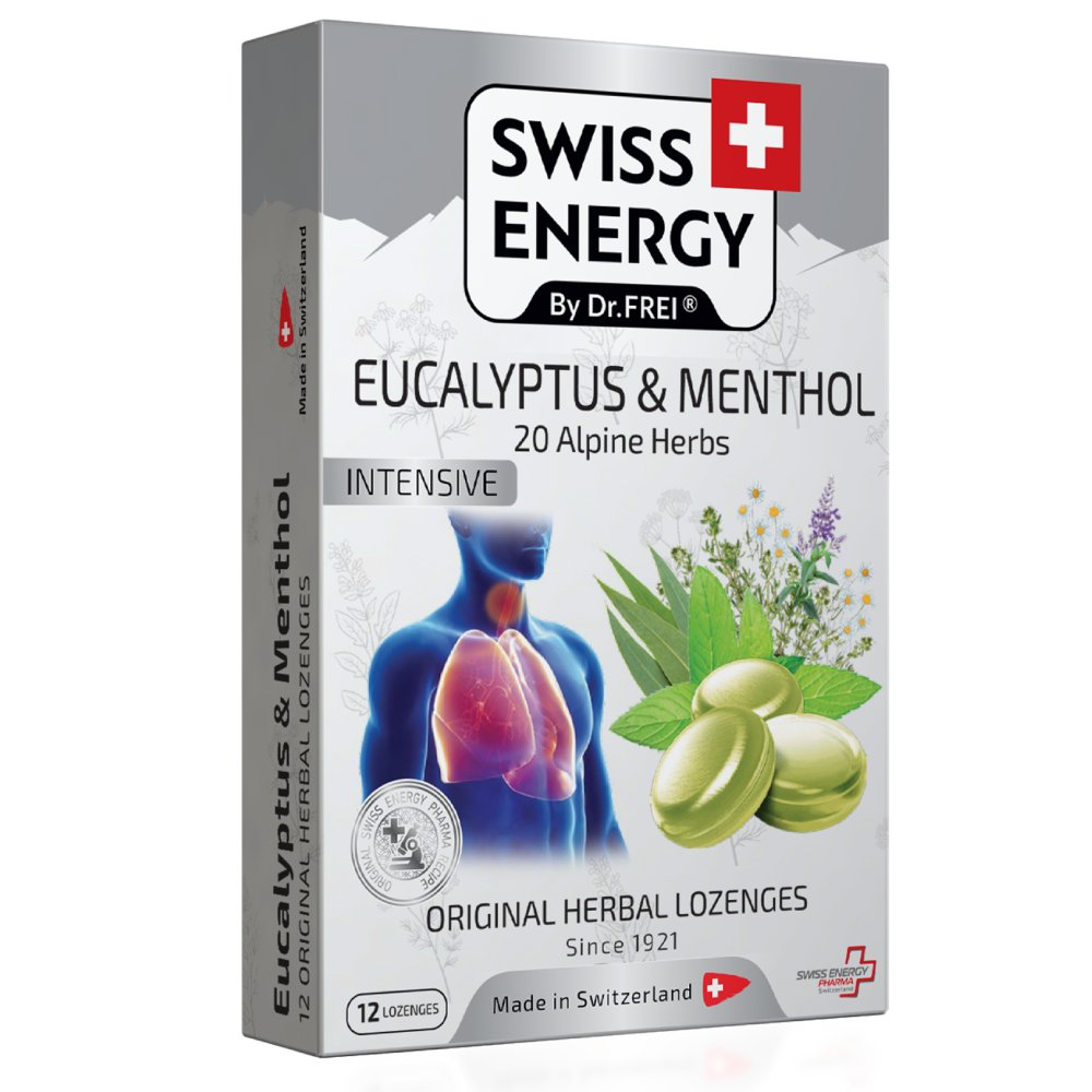 Swiss Energy Intensive, zeliščne pastile z 20 zelišči, mentolom in evkaliptom (12 pastil)