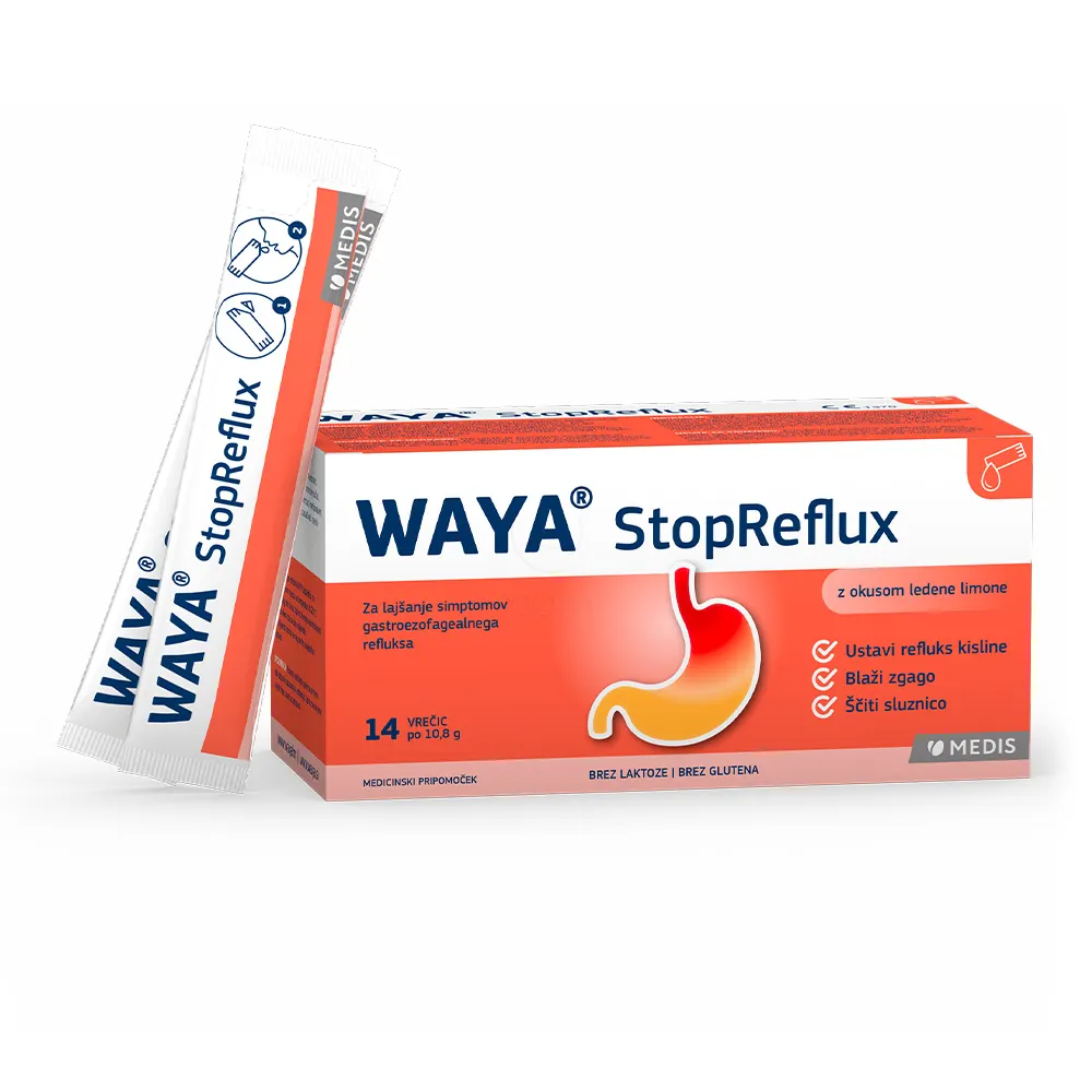 Waya StopReflux, tekoča peroralna suspenzija za lajšanje simptomov gastroezofagealnega refulksa - vrečke (14 vrečk)