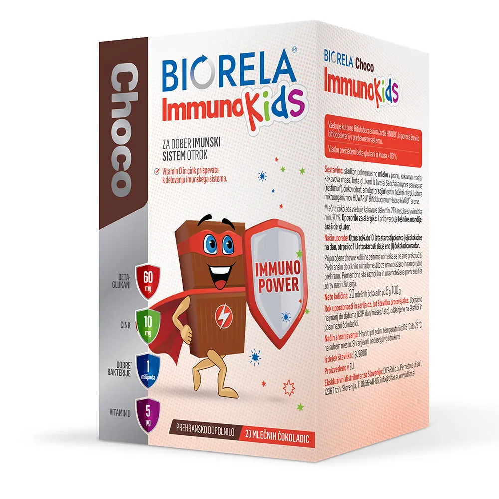Biorela Immuno Kids Choco, mlečne čokoladice (20 čokoladic)
