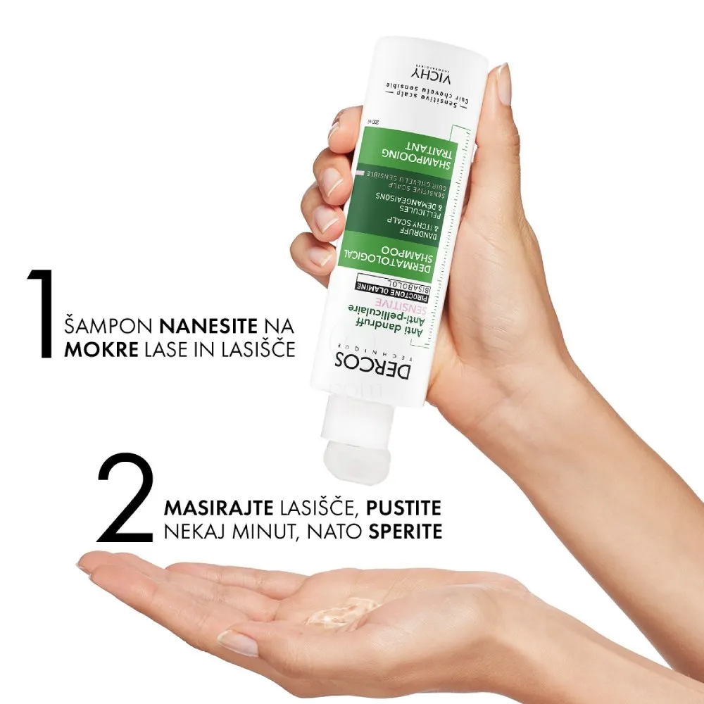 Vichy Dercos Antipelliculare Sensitive, negovalni šampon proti prhljaju za občutljive lase (200 ml)