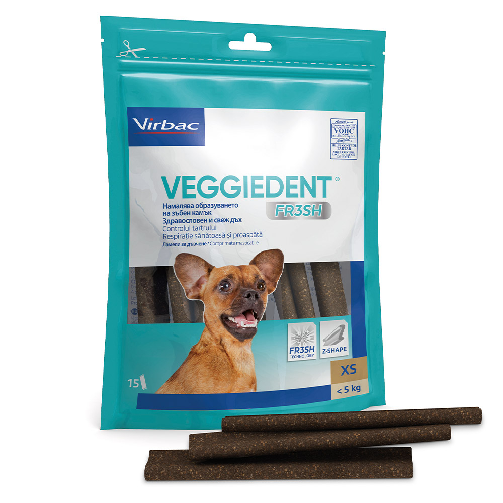 VeggieDent Fresh Virbac, okusne žvečljive palčke za zelo majhne pse do 5 kg za nadzor nad zobnim kamnom & zobnimi oblogami (15 palčk)
