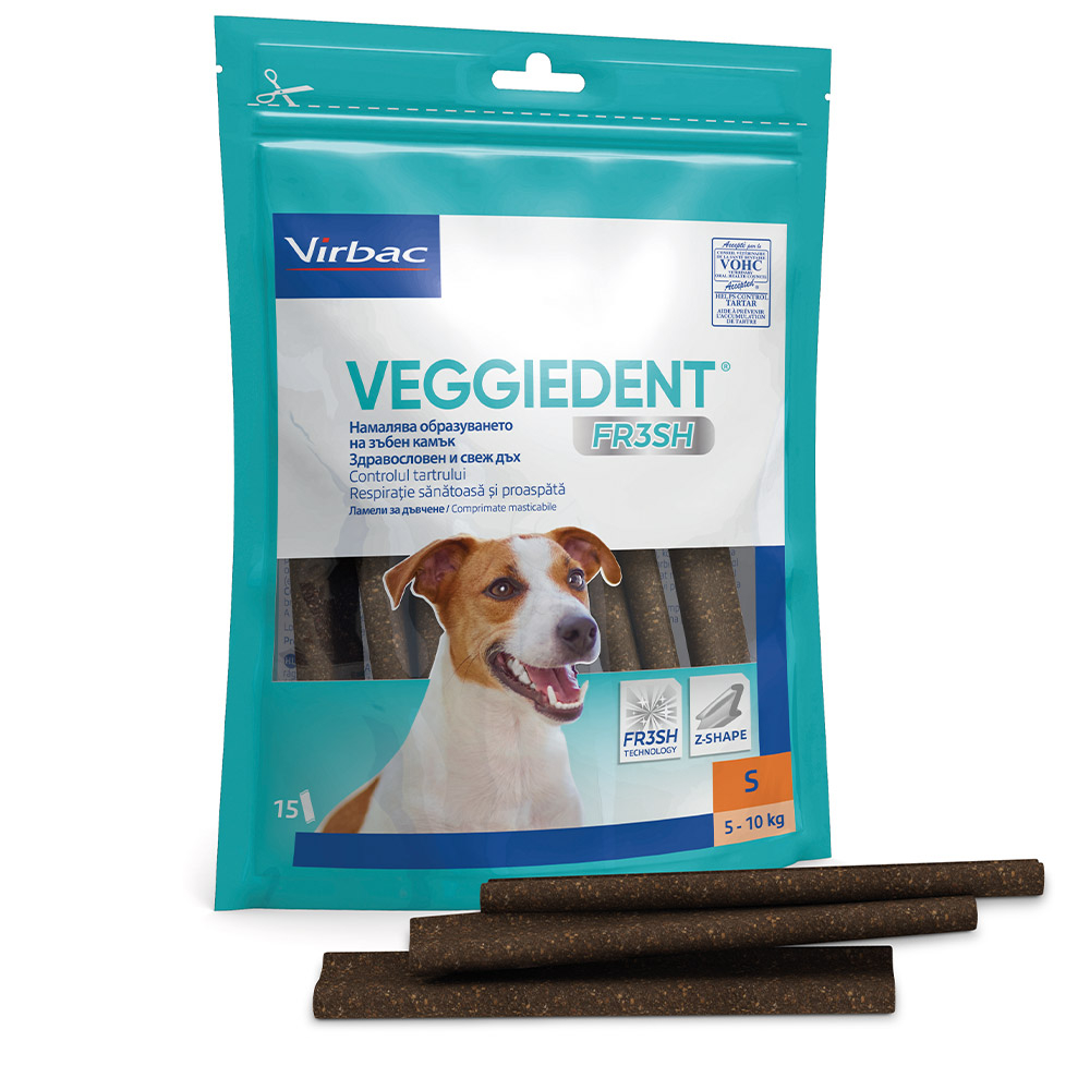 VeggieDent Fresh Virbac, okusne žvečljive palčke za majhne pse od 5 – 10 kg za nadzor nad zobnim kamnom & zobnimi oblogami (15 palčk)