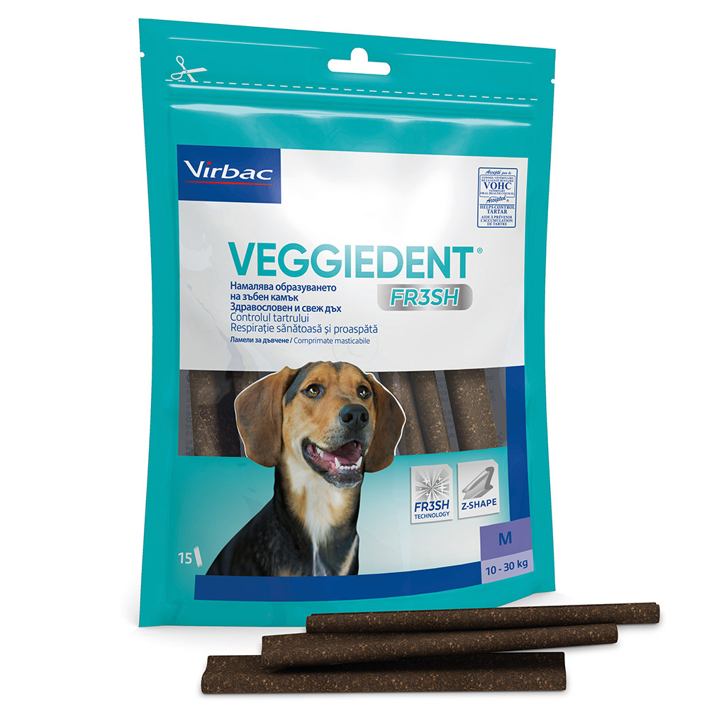 VeggieDent Fresh Virbac, okusne žvečljive palčke za srednje velike pse 10 - 30 kg za nadzor nad zobnim kamnom & zobnimi oblogami (15 palčk)
