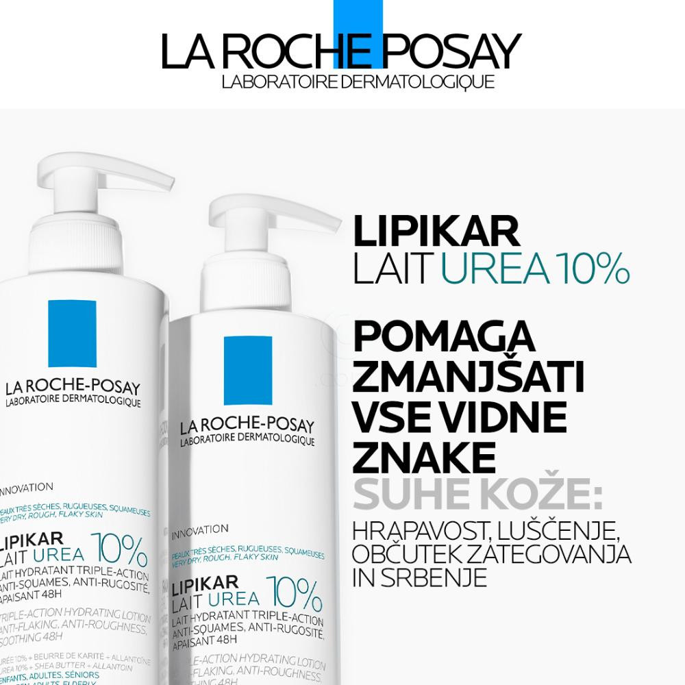 LRP Lipikar Lait Urea 10%, vlažilni losjon s trojnim učinkom za glajenje in pomiritev zelo suhe ter grobe kože (200 ml)
