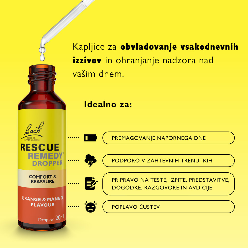 Bach Rescue, kapljice - okus pomaranča in mango (20 ml)