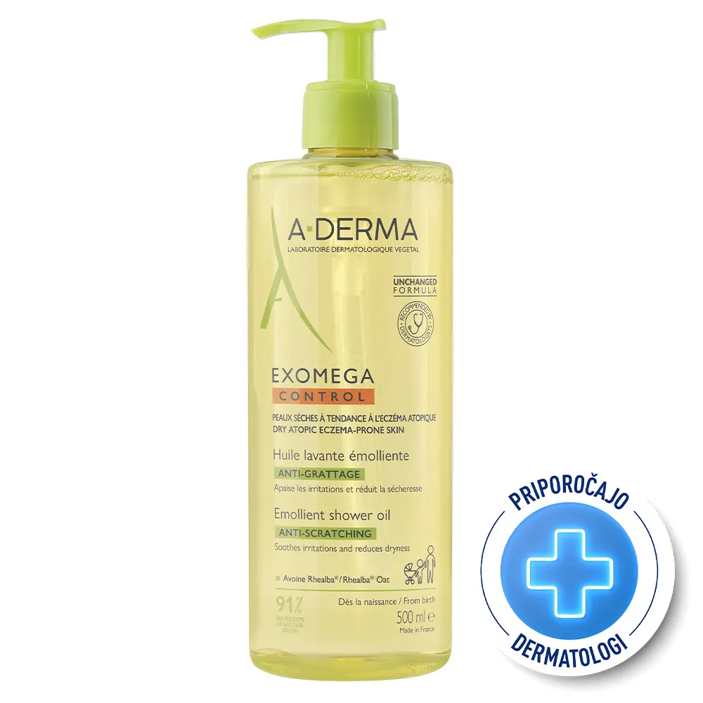 A-Derma Exomega Control, emolientno čistilno olje za tuširanje za atopijsko kožo - paket (2 x 500 ml)