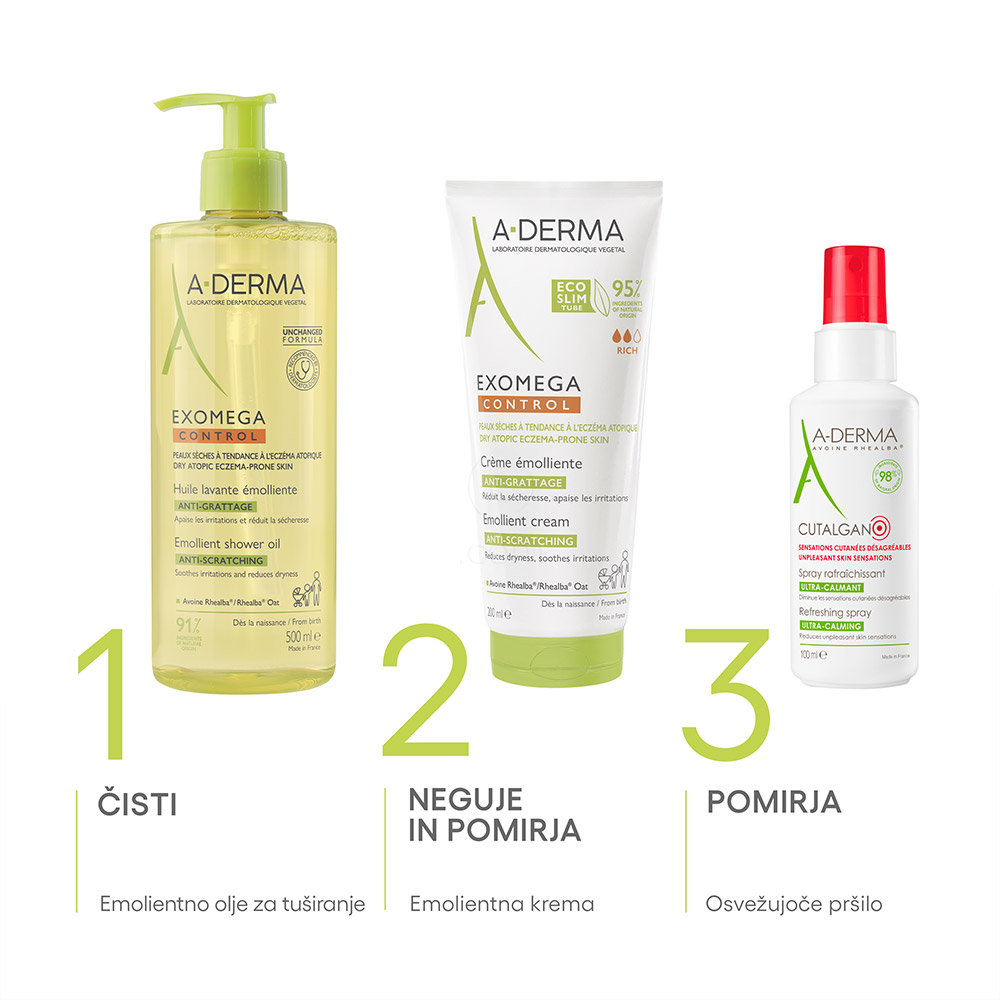 A-Derma Exomega Control, emolientno čistilno olje za tuširanje za atopijsko kožo - paket (2 x 500 ml)