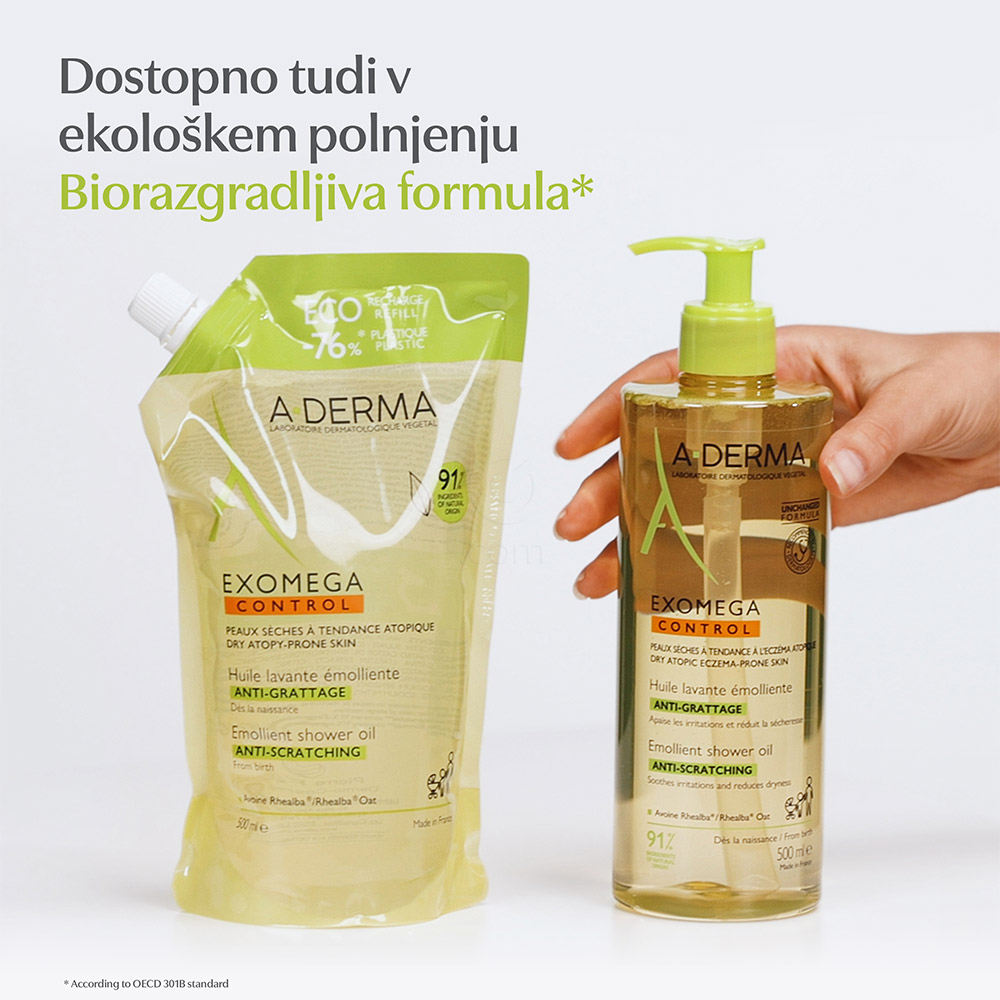 A-Derma Exomega Control, emolientno čistilno olje za tuširanje za atopijsko kožo - paket (2 x 500 ml)