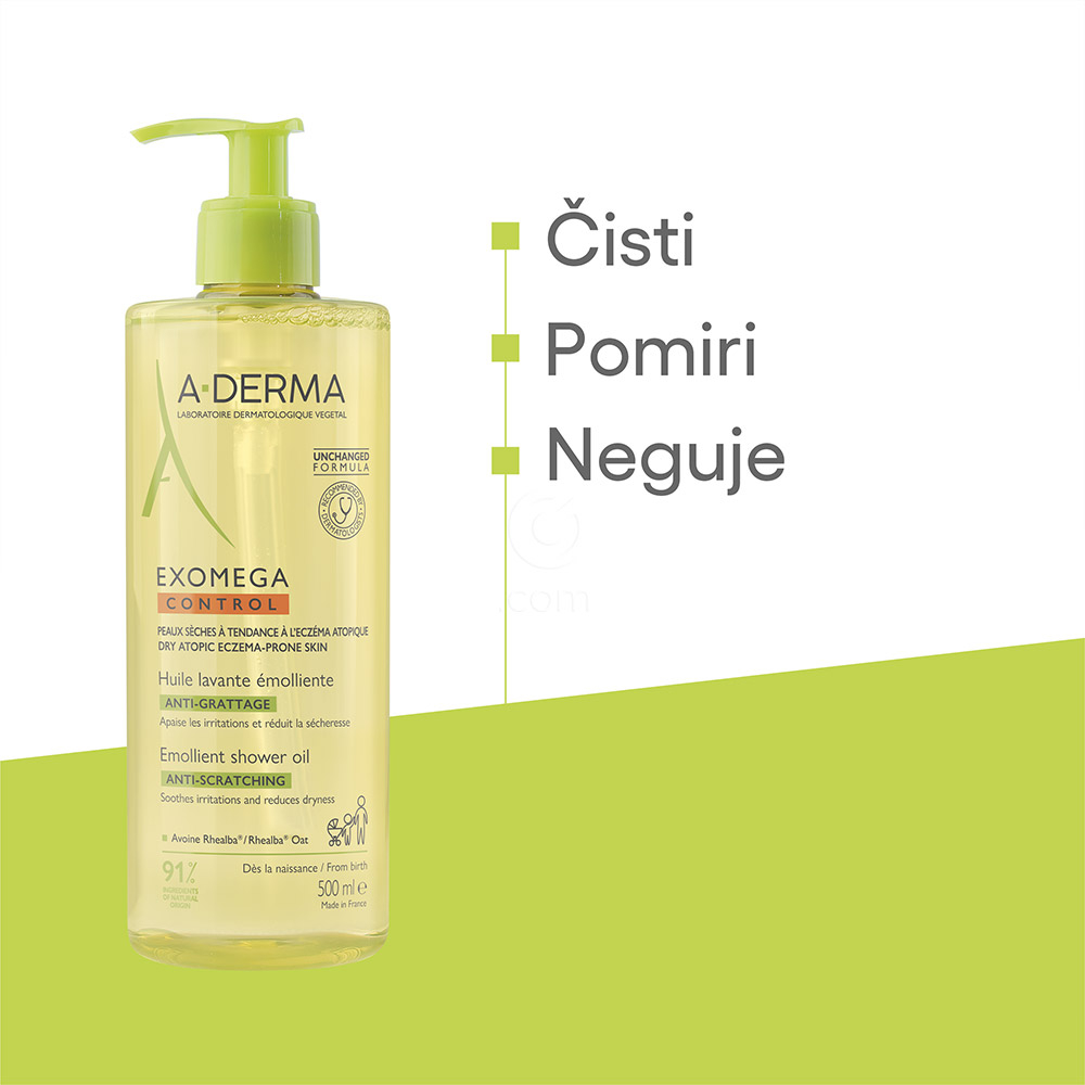 A-Derma Exomega Control, emolientno čistilno olje za tuširanje za atopijsko kožo - paket (2 x 500 ml)