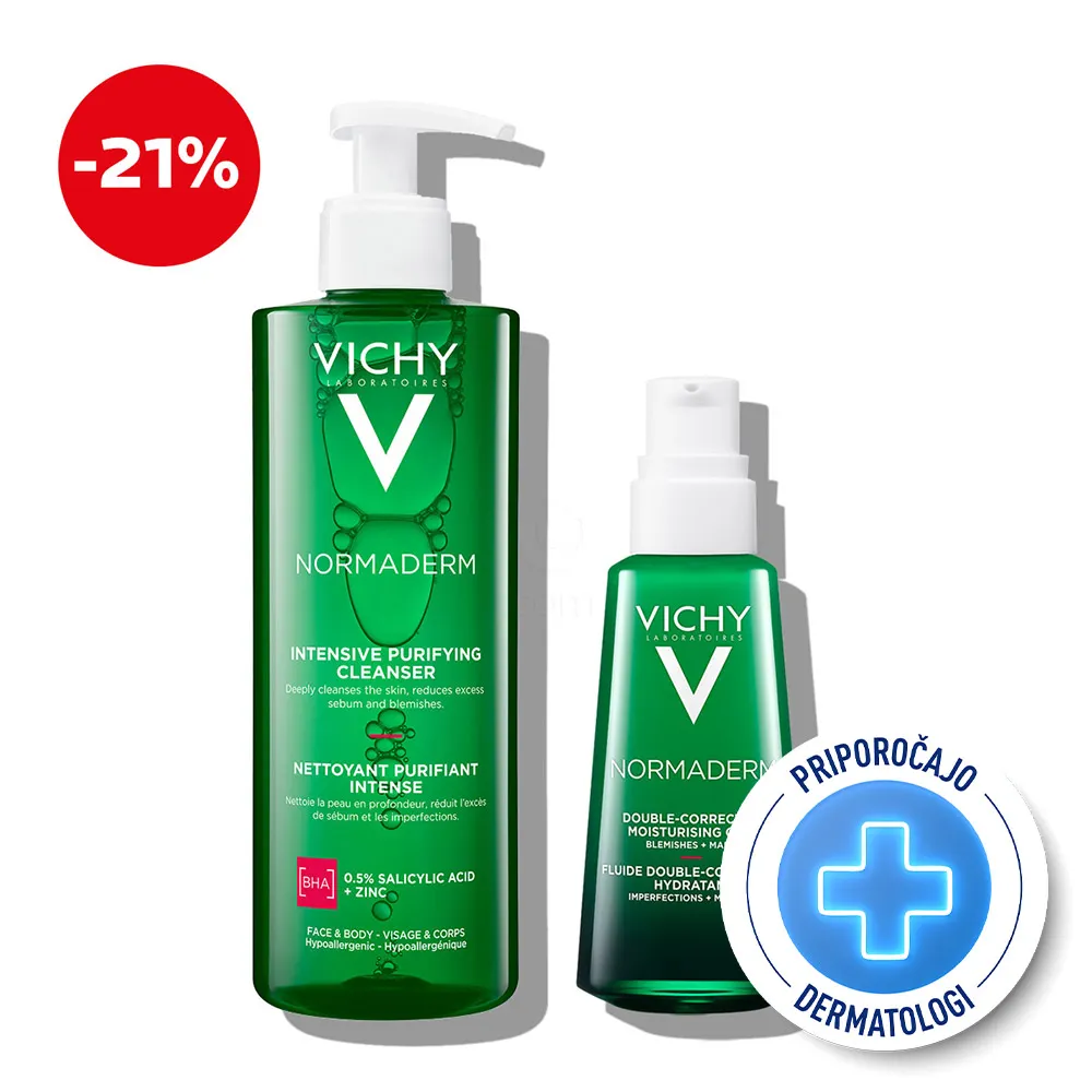 Vichy Normaderm, protokol za mastno in k aknam nagnjeno kožo v odrasli dobi - Dnevna nega in Čistilni gel (50 ml + 400 ml)