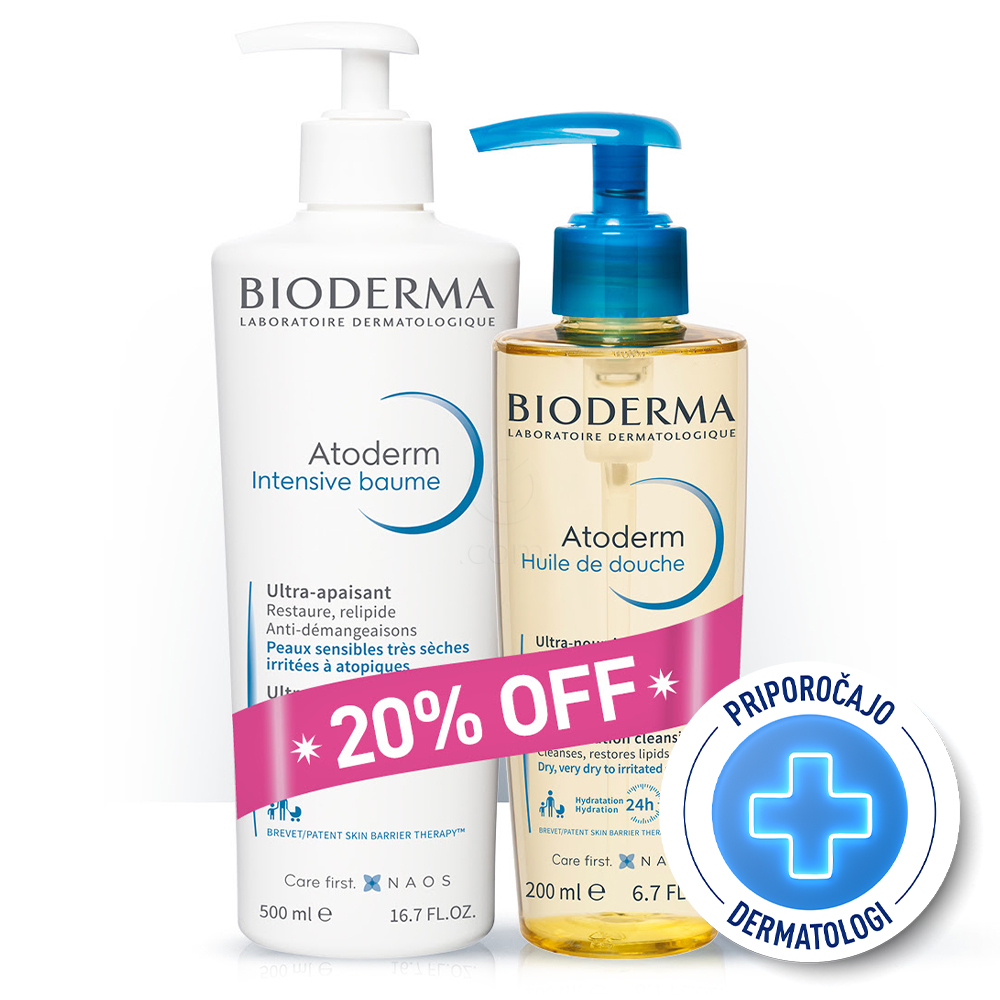 Bioderma Atoderm, paket - balzam in hranljivo olje za tuširanje (500 ml + 200 ml)