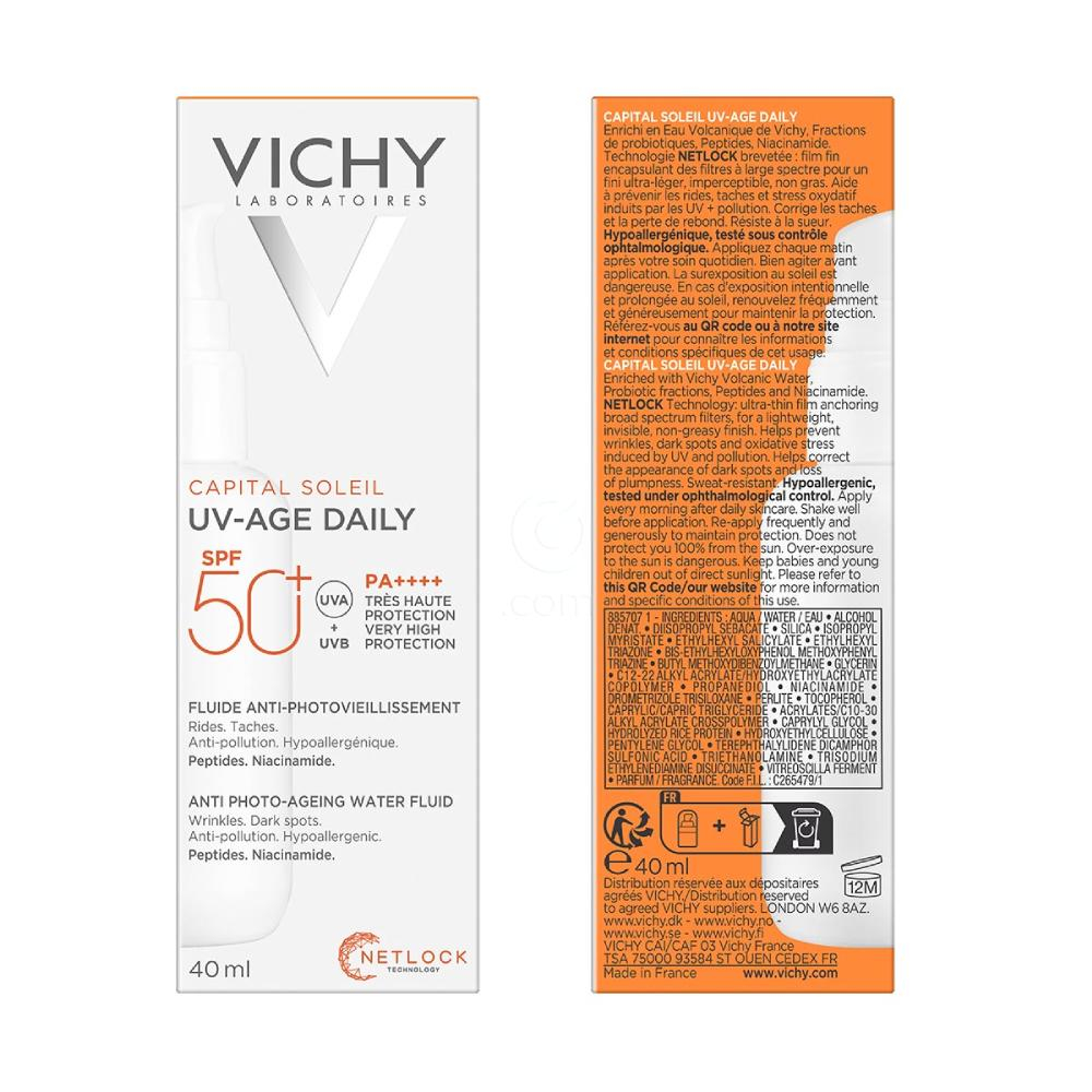 Vichy Capital Soleil, paket - UV-AGE neobarvan fluid za obraz - ZF50+ in tonirana vodica ZF30 (40 ml + 200 ml)