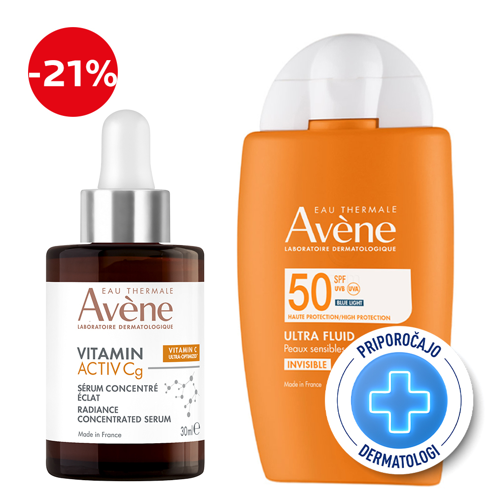 Avene, rutina za naravni sijaj kože in zaščita pred soncem - Activ Cg korektivni serum in Sun Ultra Fluid ZF50 (30 ml + 50 ml)
