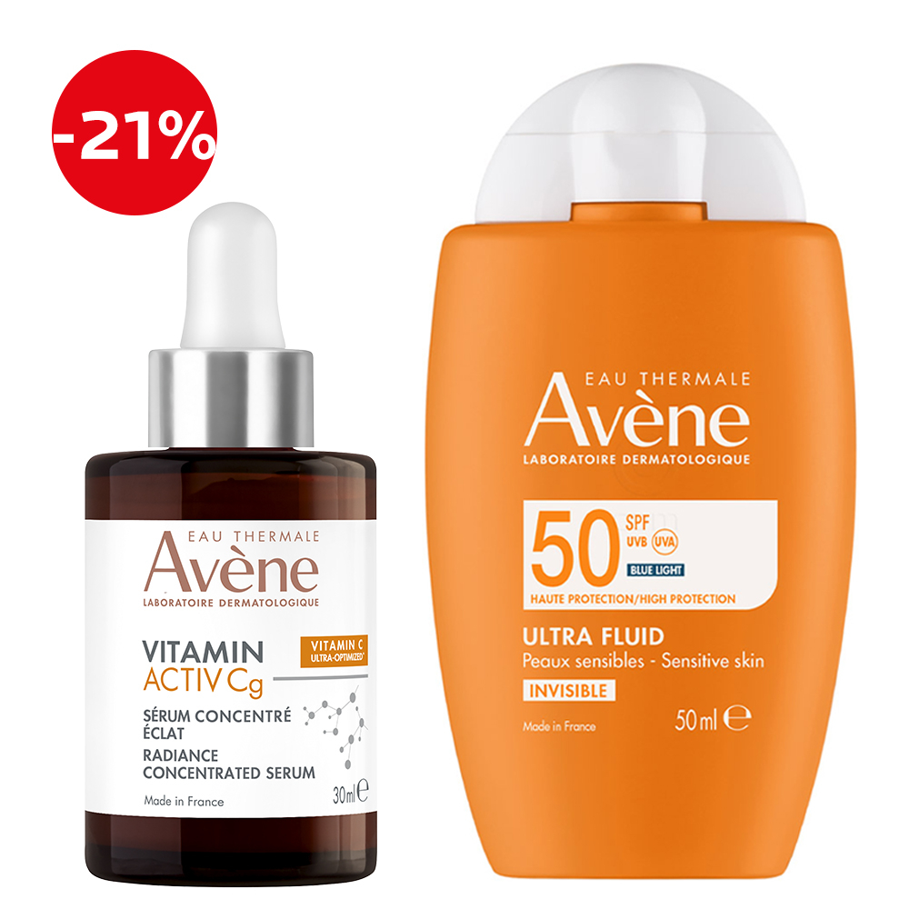 Avene, rutina za naravni sijaj kože in zaščita pred soncem - Activ Cg korektivni serum in Sun Ultra Fluid ZF50 (30 ml + 50 ml)