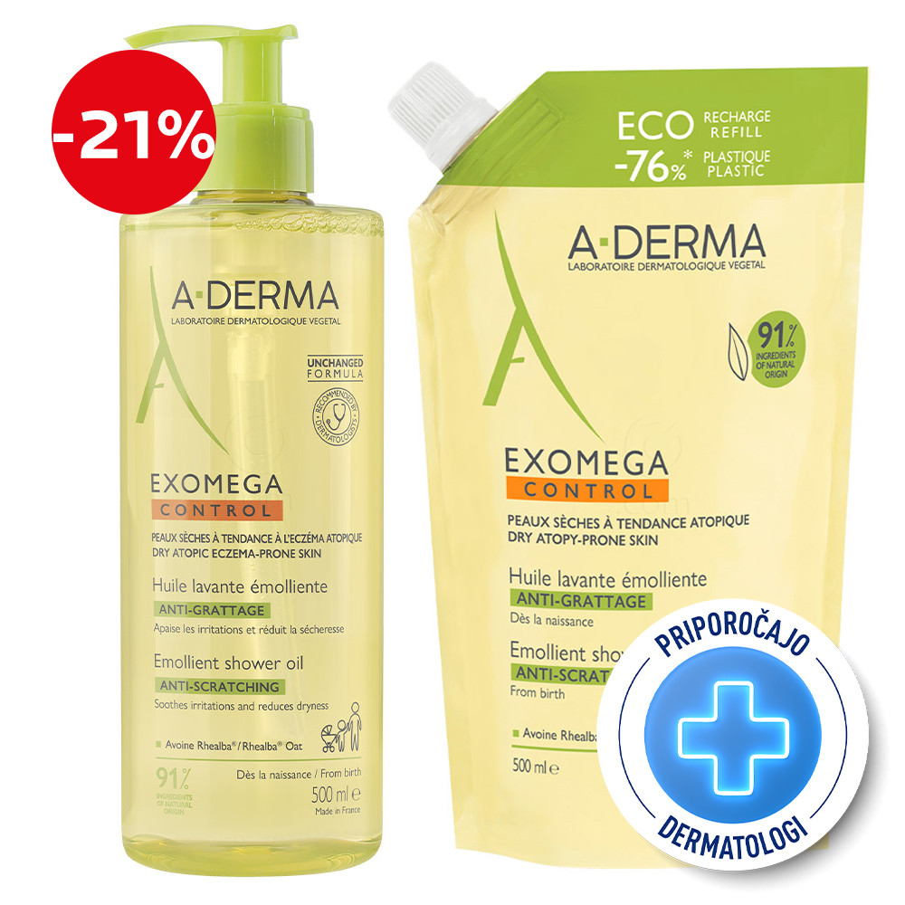 A-Derma Exomega Control, rutina za tuširanje za suho kožo nagnjeno k atopiji - olje + refill (2 x 500 ml)