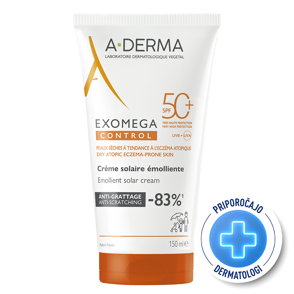 A-Derma Exomega Control, emolientna krema za zaščito pred soncem - ZF50+ (150 ml)