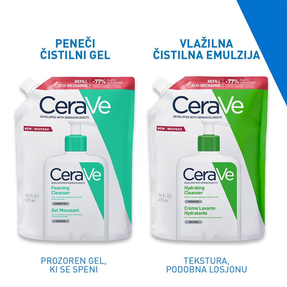 CeraVe, vlažilna čistilna emulzija za obraz za normalno do suho kožo - Refill (473 ml)