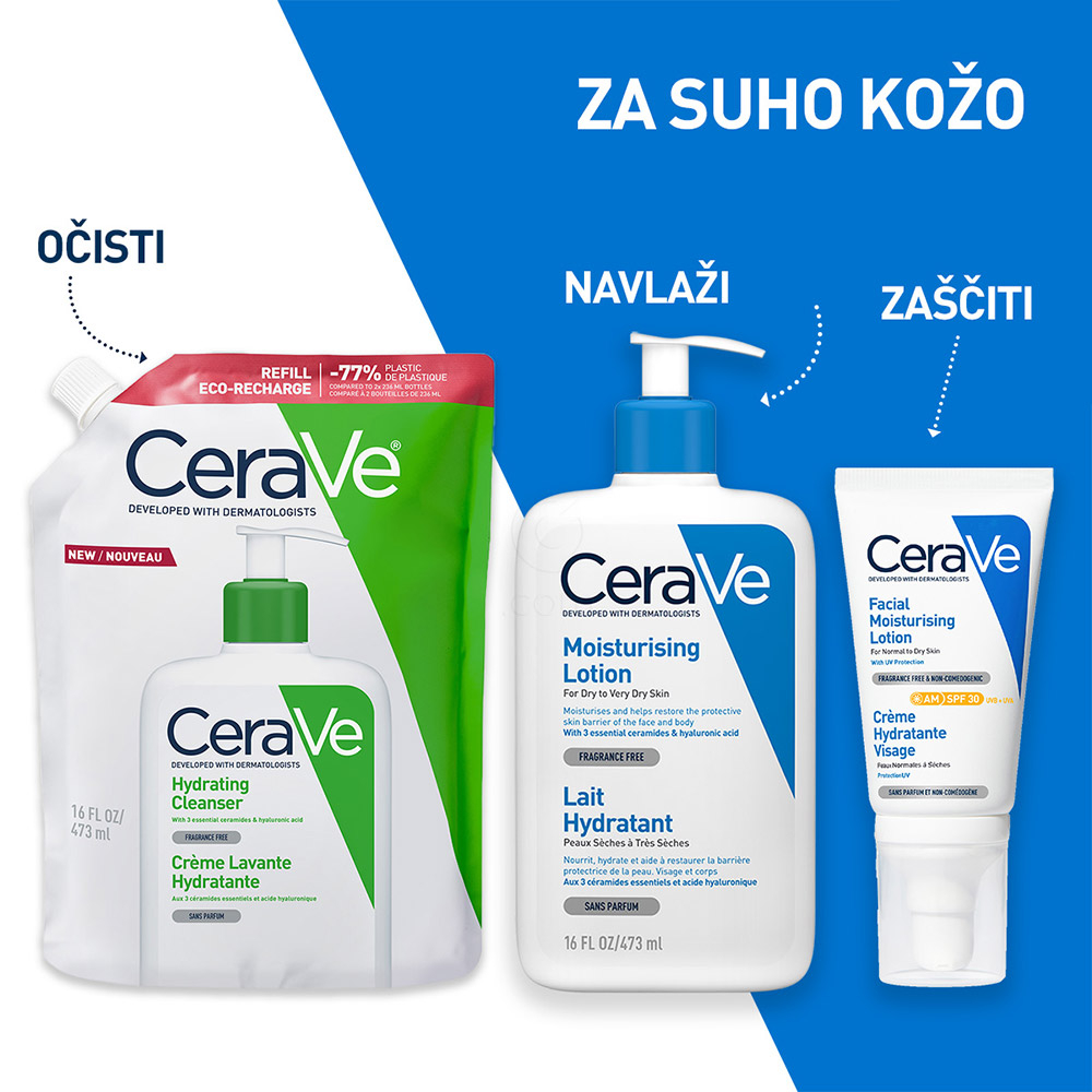 CeraVe, vlažilna čistilna emulzija za obraz za normalno do suho kožo - Refill (473 ml)