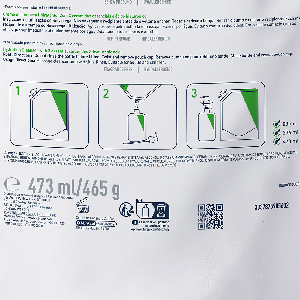 CeraVe, vlažilna čistilna emulzija za obraz za normalno do suho kožo - Refill (473 ml)