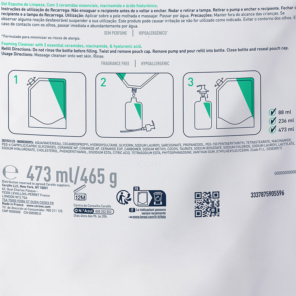 CeraVe, peneči čistilni gel za obraz za normalno do mastno kožo - Refill (473 ml)