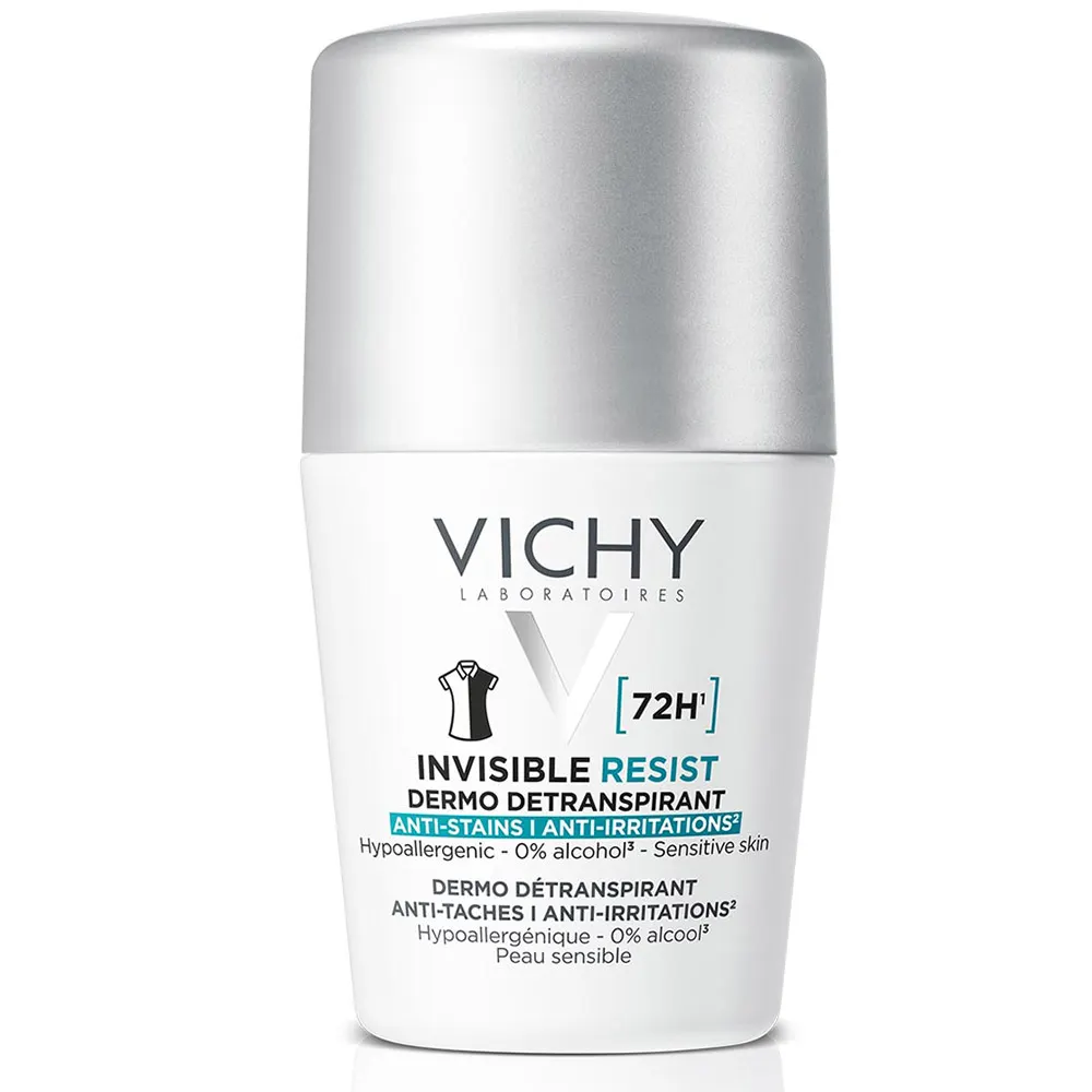 Vichy Invisible Resist 72h, detranspirant proti madežem in razdraženosti - roll-on - paket (2 x 50 ml)