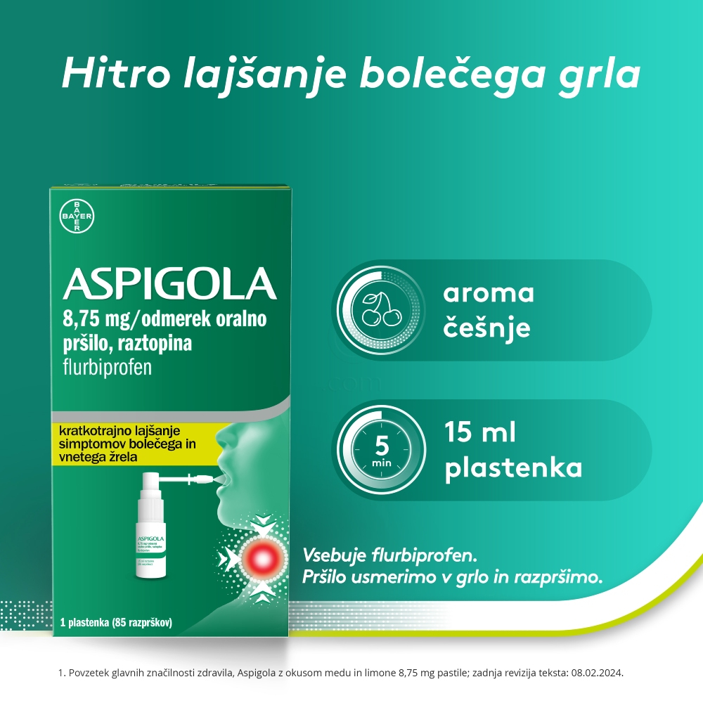 Aspigola 8,75 mg/odmerek, oralno pršilo - raztopina (15 ml)