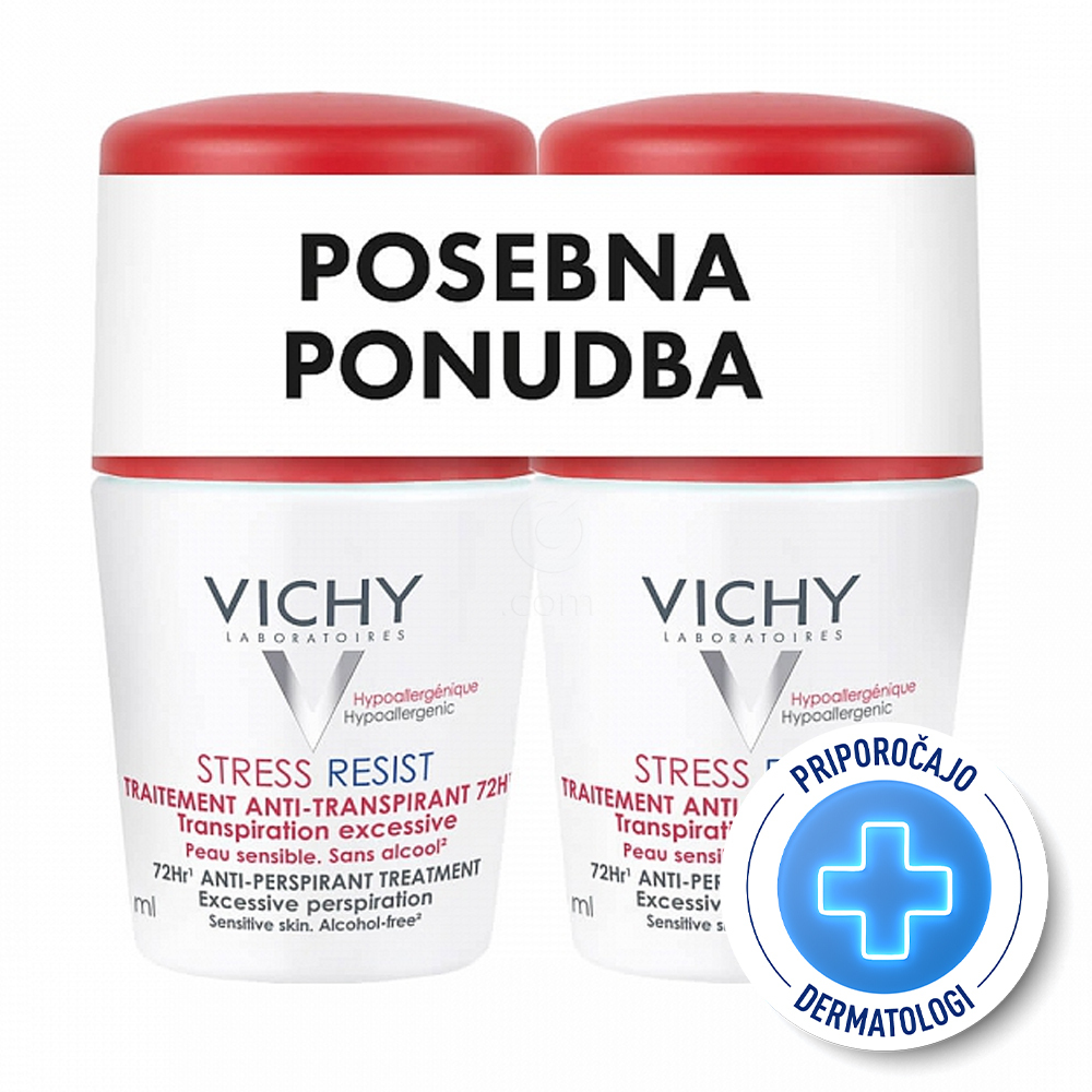Vichy Deo Stress Resist, 72-urni intenzivni antitranspirant roll-on - paket (2 x 50 ml)