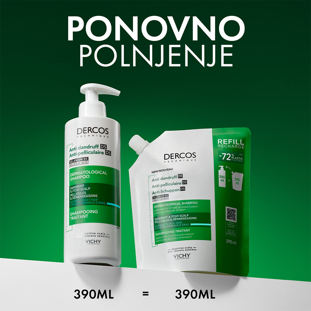 Vichy Dercos, šampon proti prhljaju za normalne in mastne lase - eko refill (390 ml)