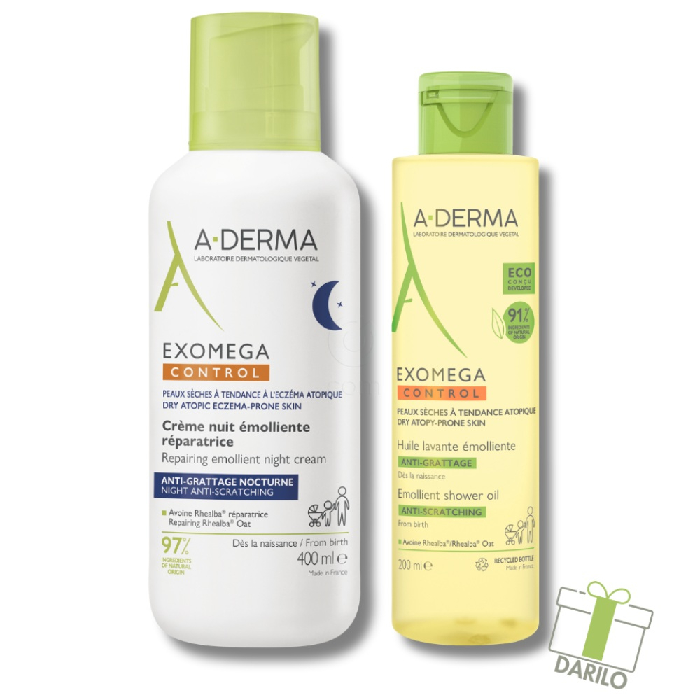 A-Derma Exomega Control, emolientna nočna krema in čistilno olje za tuširanje - paket (400 ml + 200 ml)