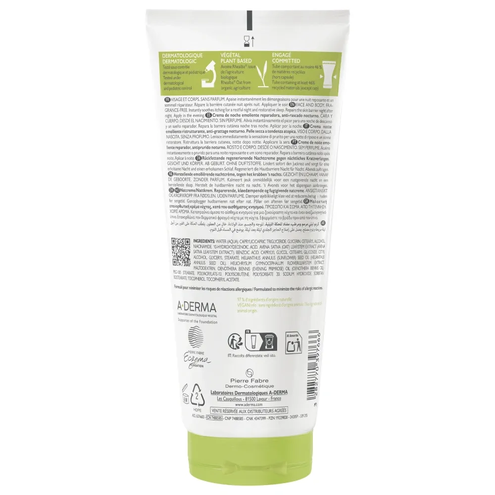A-Derma Exomega Control, emolientna obnavljajoča nočna krema - tuba (200 ml)
