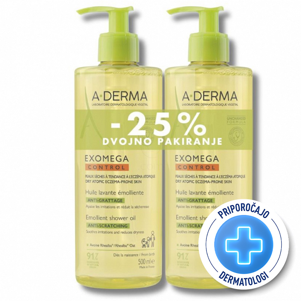 A-Derma Exomega Control, emolientno čistilno olje za tuširanje za atopijsko kožo - paket (2 x 500 ml)