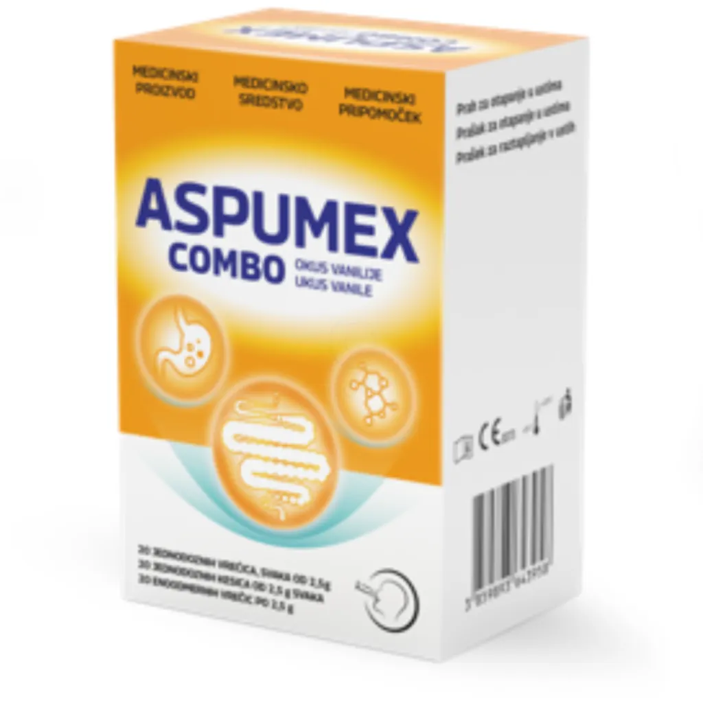 Aspumex Combo, prašek za raztapljanje v ustih (20 vrečic)