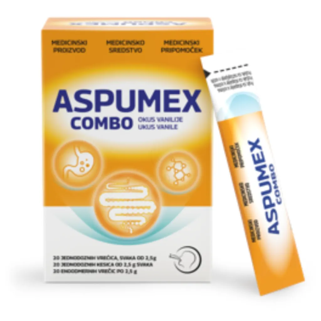 Aspumex Combo, prašek za raztapljanje v ustih (20 vrečic)