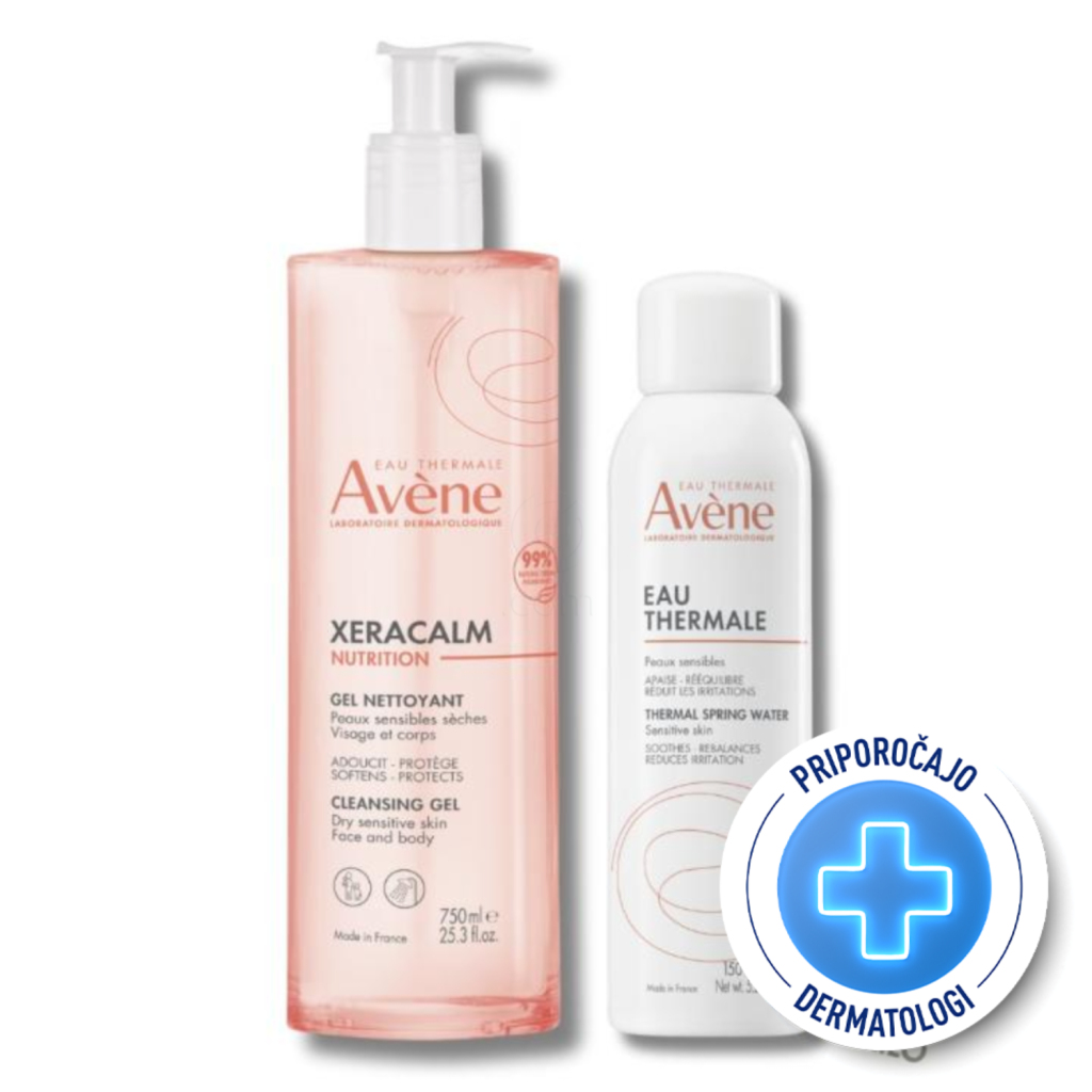 Avene Xeracalm Nutrition, paket: vlažilni gel za čiščenje in termalna voda (750 ml + 150 ml)