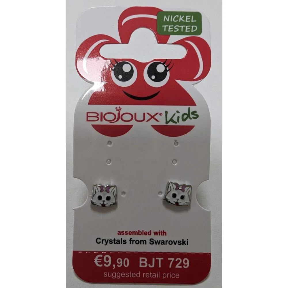 Biojoux Kids, uhani iz kirurškega jekla - Swarovski bela muca - BJT729 (2 uhana)
