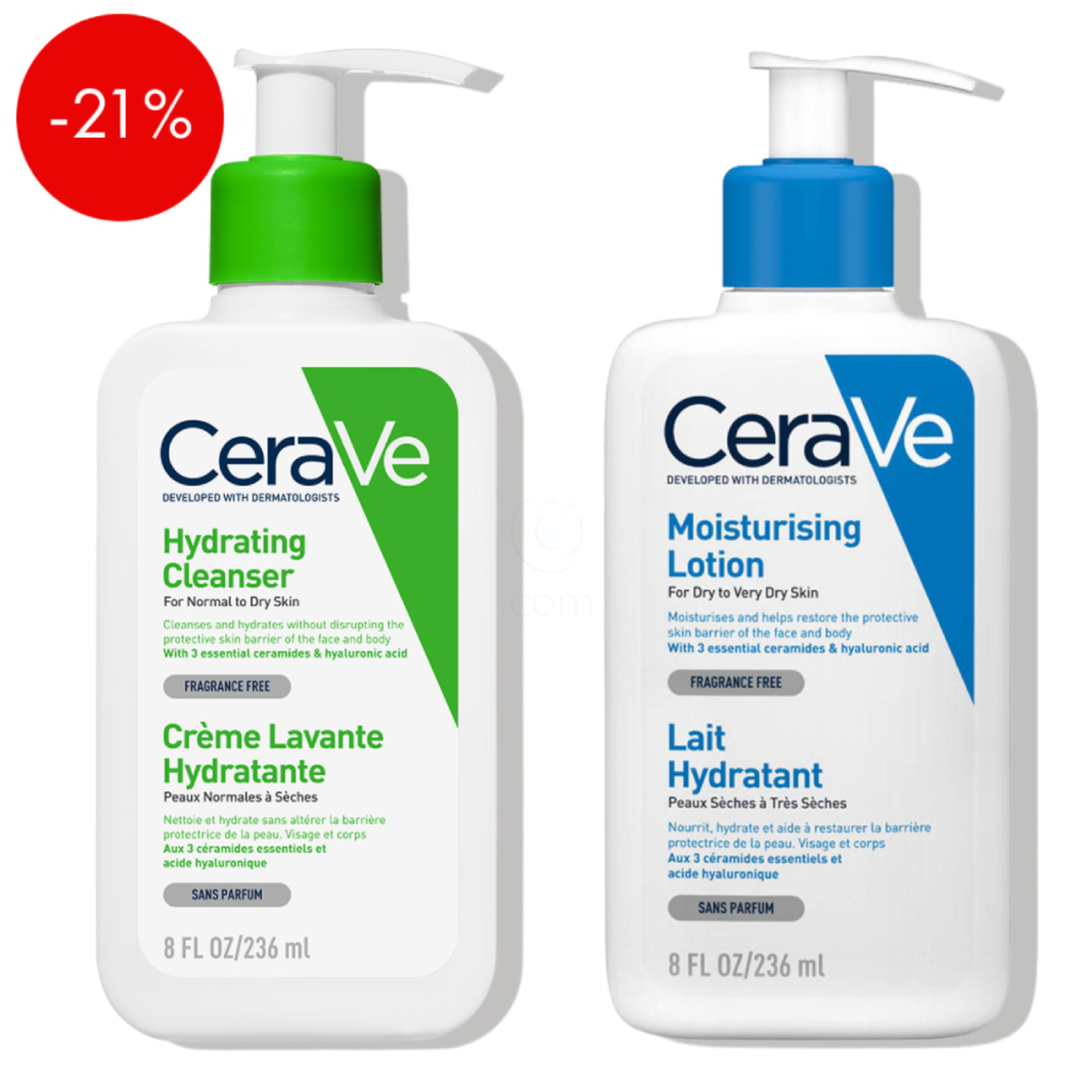 CeraVe, dnevni protokol za suho kožo telesa - vlažilna čistilna emulzija in vlažilni losjon (2 x 236 ml)