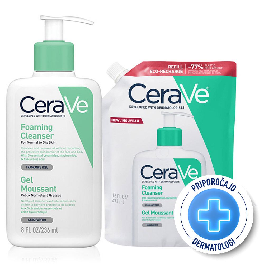 CeraVe, protokol peneči čistilni gel za obraz za normalno do mastno kožo - Refill (236 ml + 473 ml)