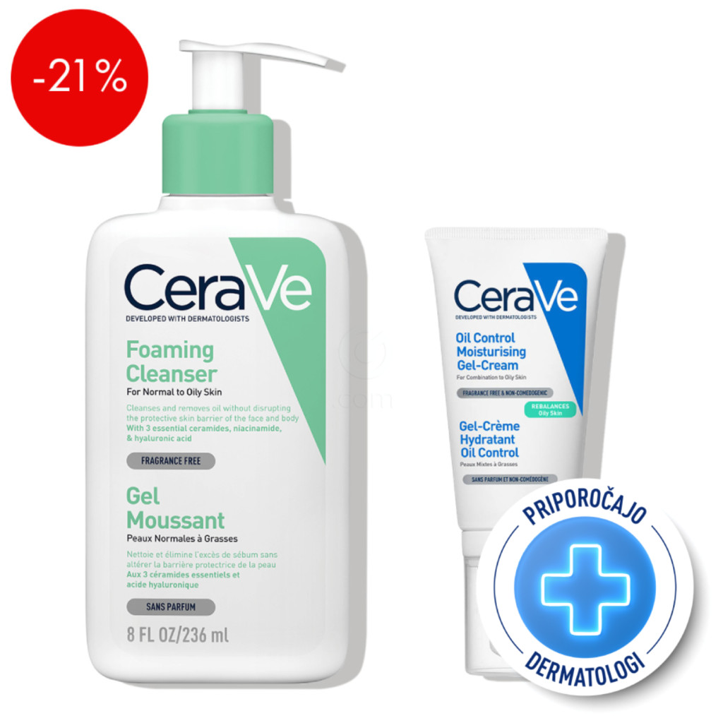 CeraVe, protokol za dnevno nego obraza za normalno do mešano kožo - Čistilni gel in kreme za obraz za mastno kožo (236 ml + 52 ml)