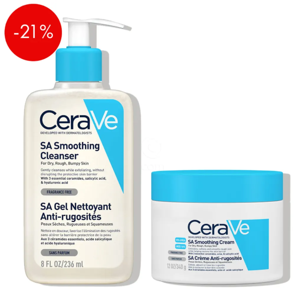 CeraVe, protokol za glajenje suhe in hrapave kože telesa - SA krema in SA čistilni gel (340 g + 236 ml)
