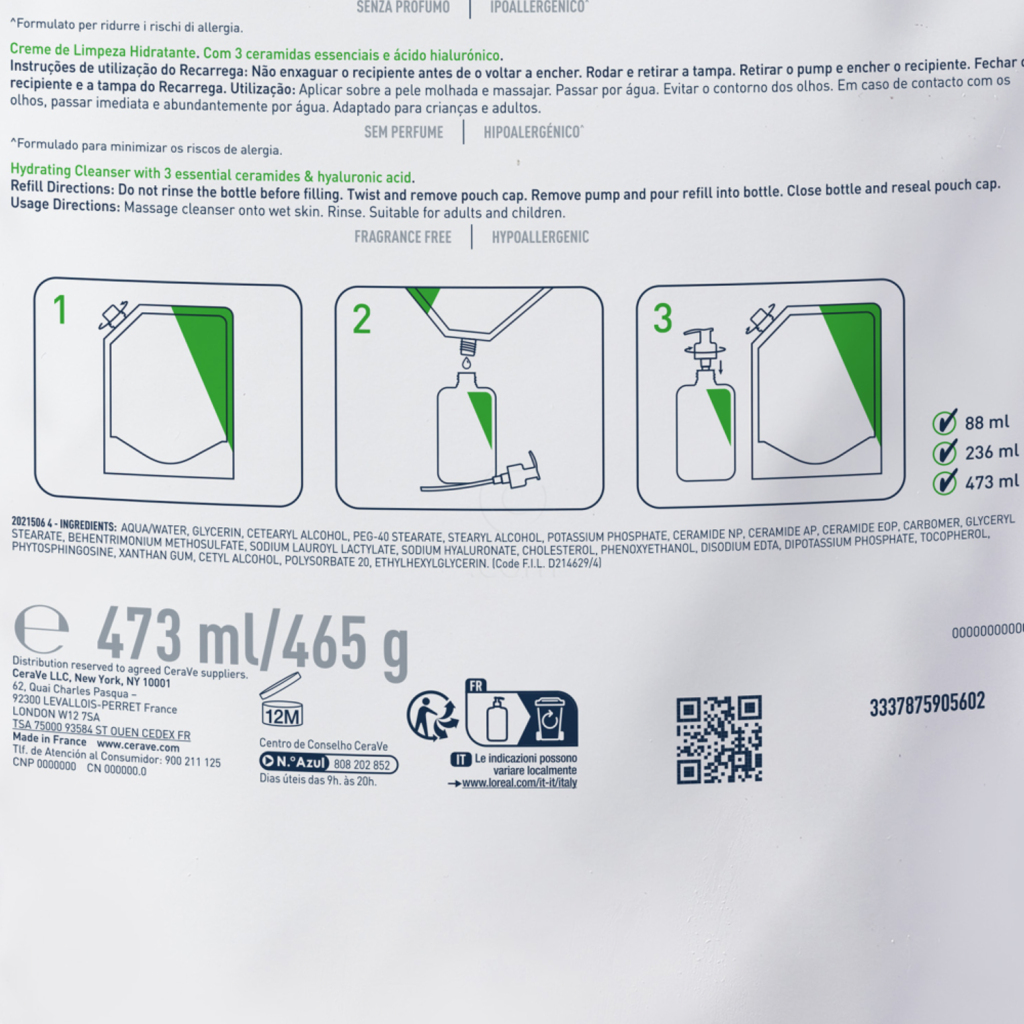 CeraVe, vlažilna čistilna emulzija za obraz za normalno do suho kožo - Refill (473 ml)