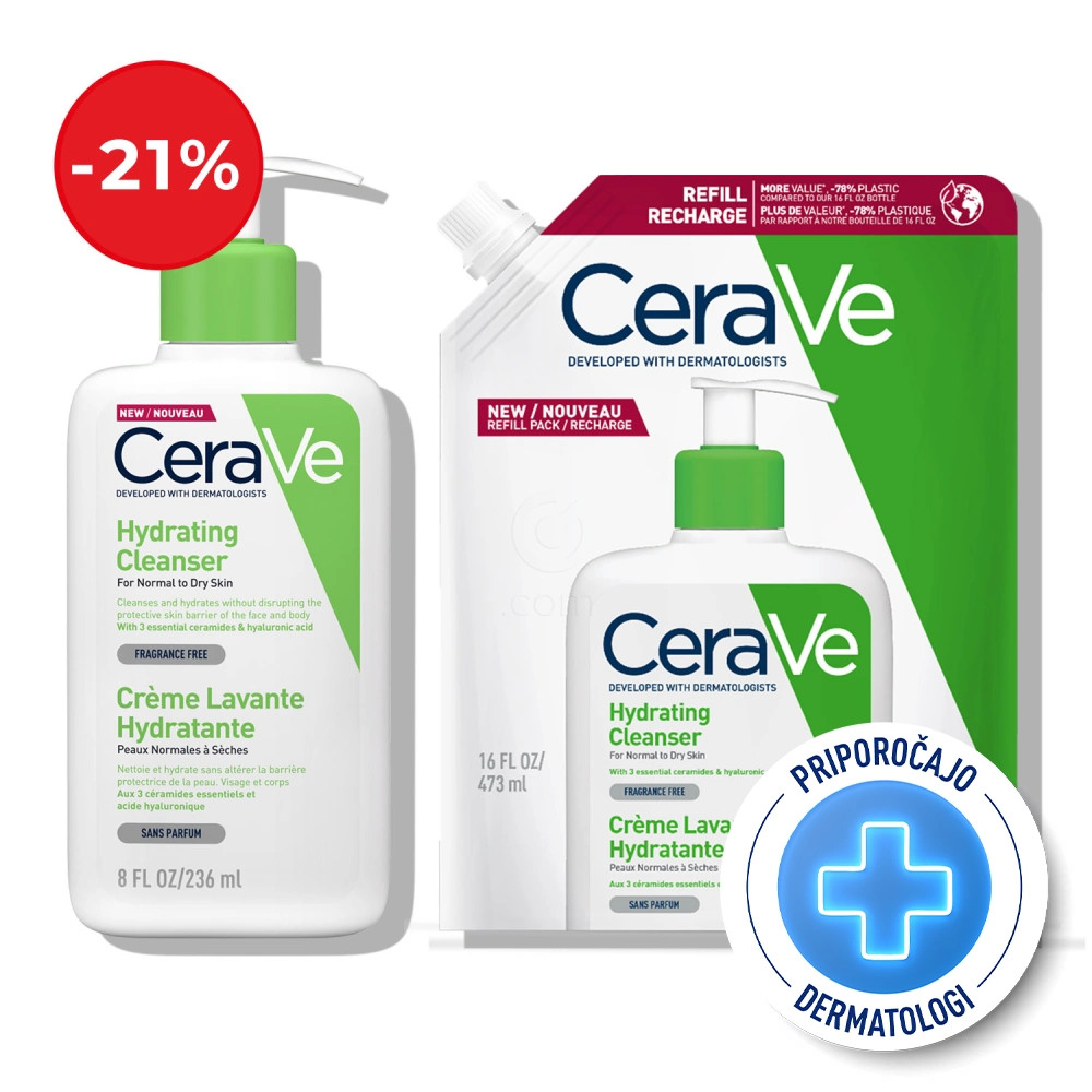 CeraVe, protokol vlažilna čistilna emulzija za obraz za normalno do suho kožo - Refill (236 ml + 473 ml)
